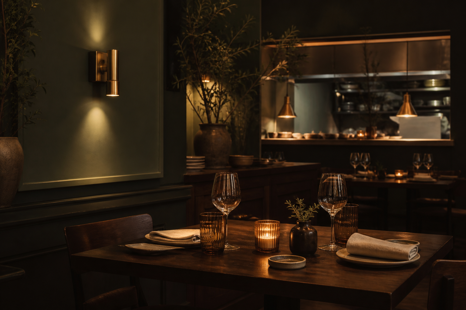 Sfeervol restaurantinterieur bij schemerlicht