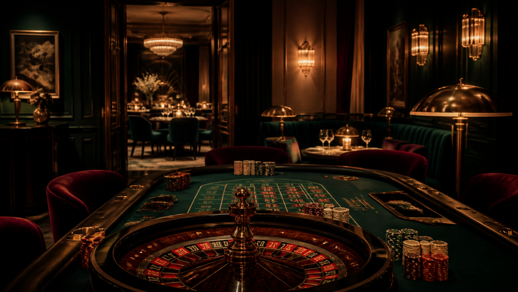 Casinozaal met roulette en groene fauteuils